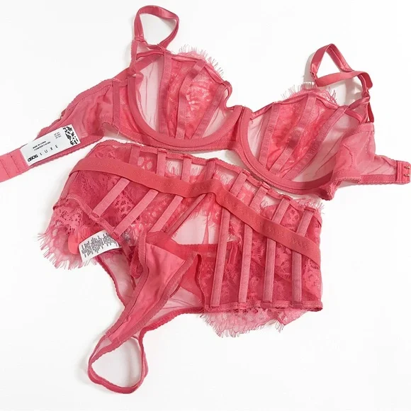 ASOS Hot Pink Lace Corset Lingerie Set - Picture 16 of 16